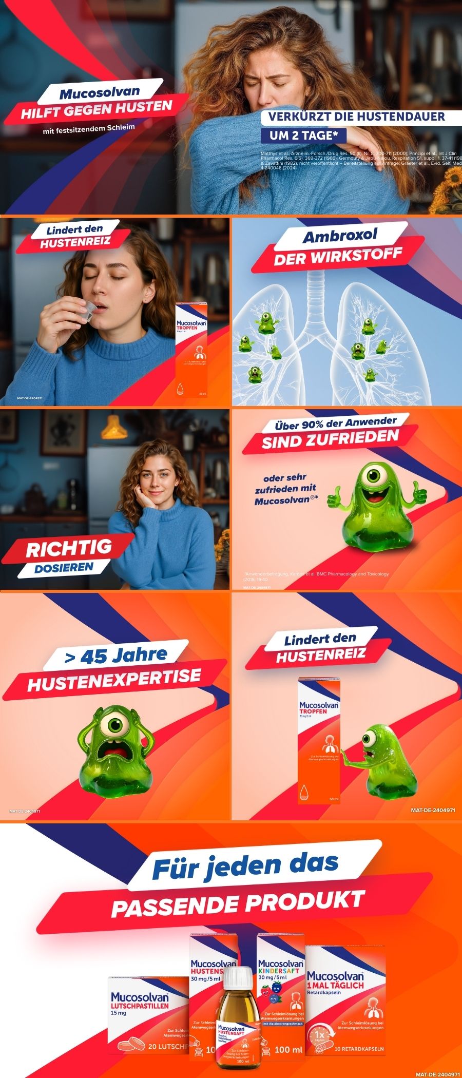 Collage mit verschiedenen Bildern. Text: Hilft bei Husten, verkürzt die Hustendauer, richtig dosieren.